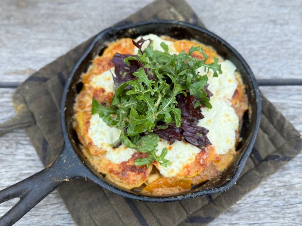 Root Cellar Gratin with Whipped Goat Cheese & Blistered Pepper Vinaigrette