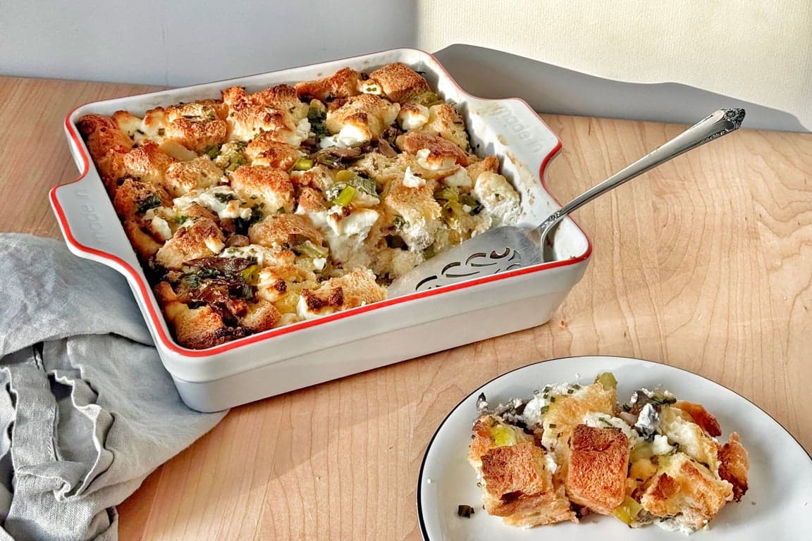 Mushroom Bread Pudding with Leeks & Goat Cheese