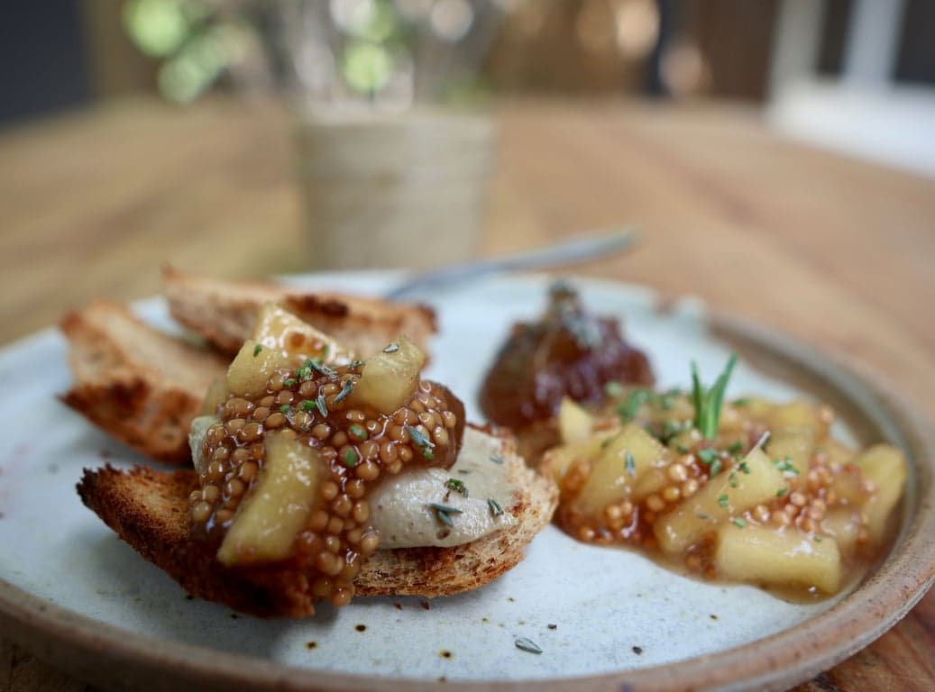 Smoked Chicken Liver Mousse with Grilled Baguette, Sweet Onion Jam & Apple Mostarda
