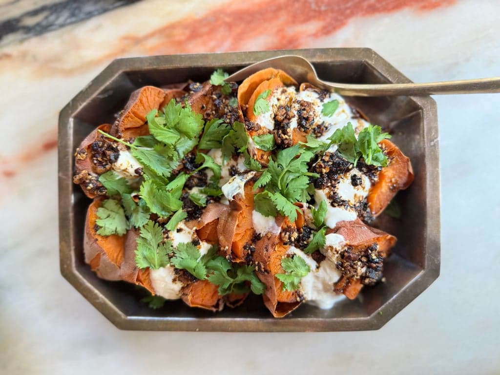 Roasted Sweet Potatoes, Pecan Salsa Macha, Lime Yogurt Crema