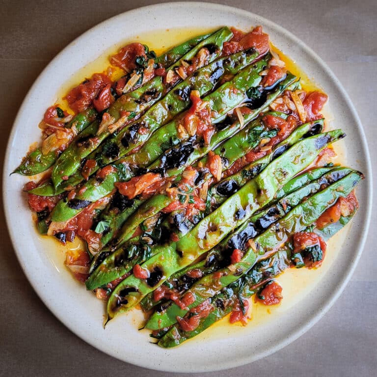 Grilled and Stewed Romano Beans with Garlic, Tomato, and Basil
