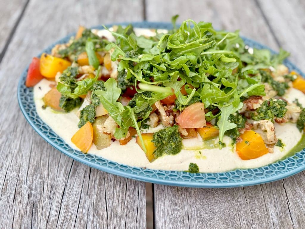 Roasted Beets & Cauliflower with Sorrel, Yogurt Tahina & Zhug