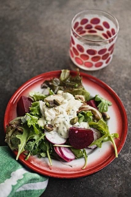 Beet and Radish Salad with Pistachios, Smoked Trout & Creamy Dill Vinaigrette